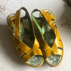 Fly London Yossa wedge sandal in mustard yellow leather, size 38